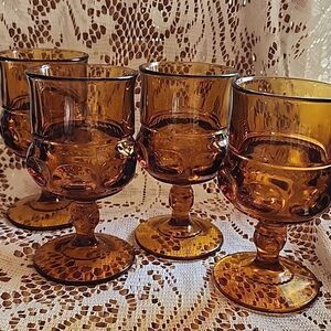 Vintage Set Of 4 Amber Indiana Glass Kings Crown 1960's Drink Glasses MCM